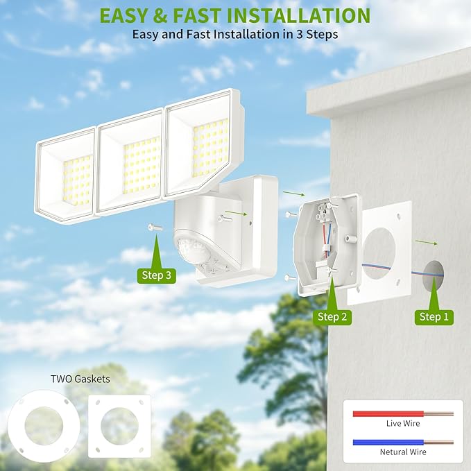 38W LED Security Lights Outdoor with Remote Control, 7500LM Motion Sensor Floodlight, 3 Modes, 6500K, IP65 Waterproof, Dusk to Dawn 3-Head Fixture for Garage, Yard, Porch (White)