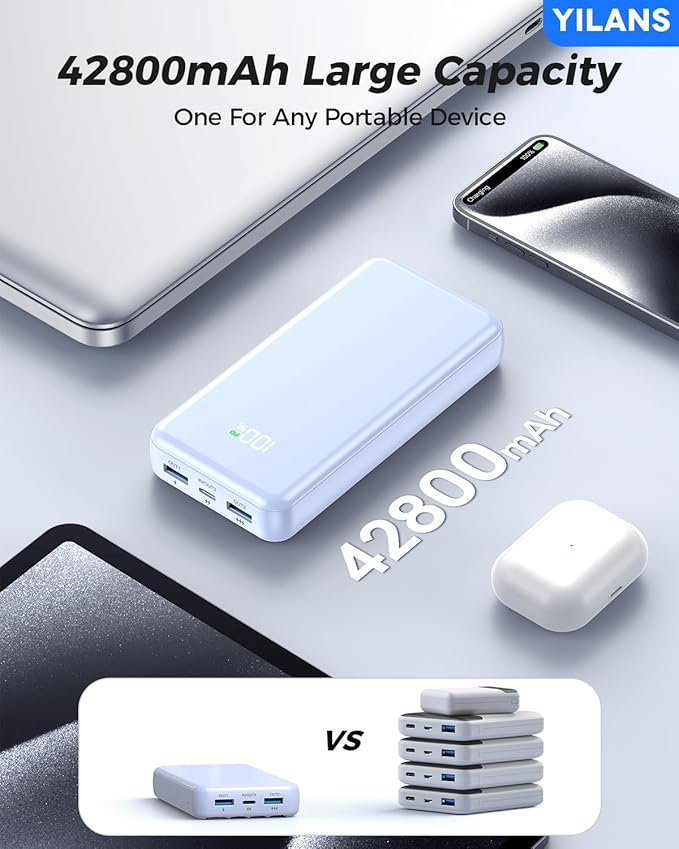 Portable Charger, 42800mAh Power Bank Built-in Cable, 22.5W PD USB C in & Out Fast Charging, External Battery Pack with 6 Output & 2 Input, Travel Phone Charger for iPhone 16/15/14/13/12(Blue)