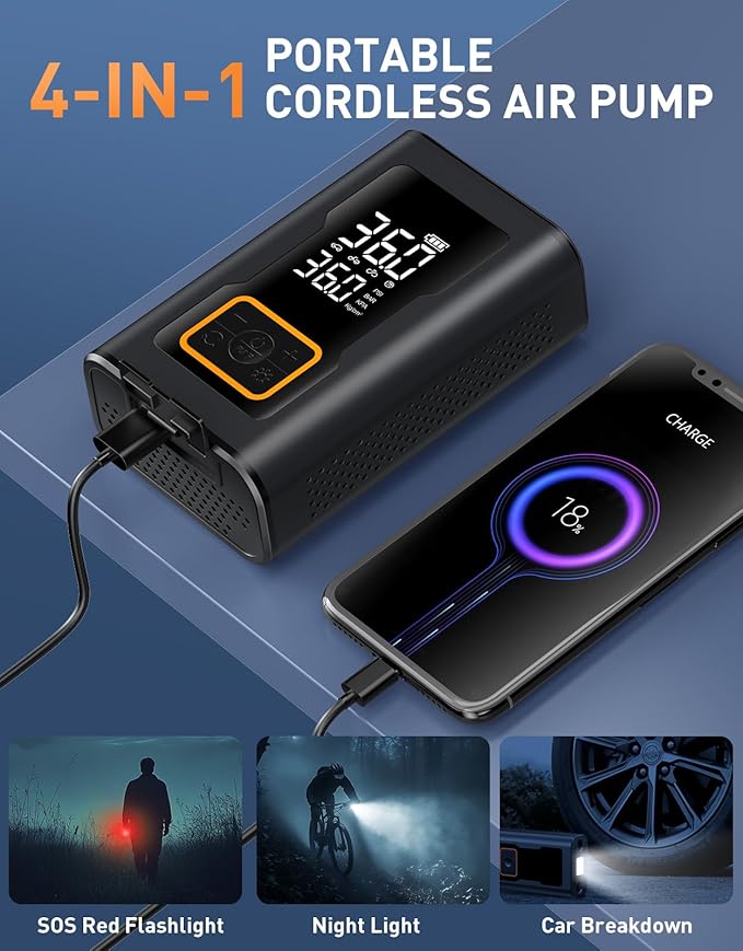 Tire Inflator Portable Air Compressor,Portable Tire Inflator for Car,Compact Air Pump for Car Tires,Bicycle,Ball,Rechargeable Air Pump with Digital Pressure Gauge and LED Lighth