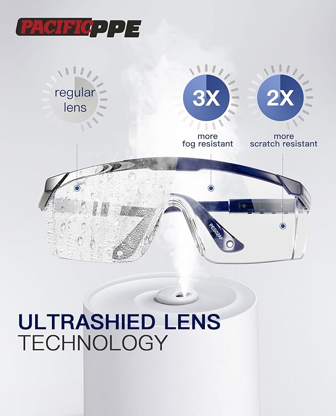 PACIFIC PPE 3 Pack Anti-Fog Safety Glasses with Ajustable Temples, Safety Glasses for Men and Women, ANSI Z87.1, Side Protection, High Transmission Protective Eyewear, Lightweight