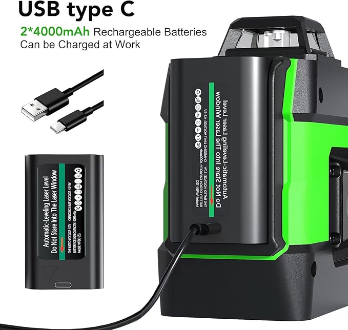 Laser Level, 3x360° Self Leveling Green Cross Line Laser for Construction and Picture Hanging with Rechargeable battery, Remote Controller, Magnetic Rotating Stand-black