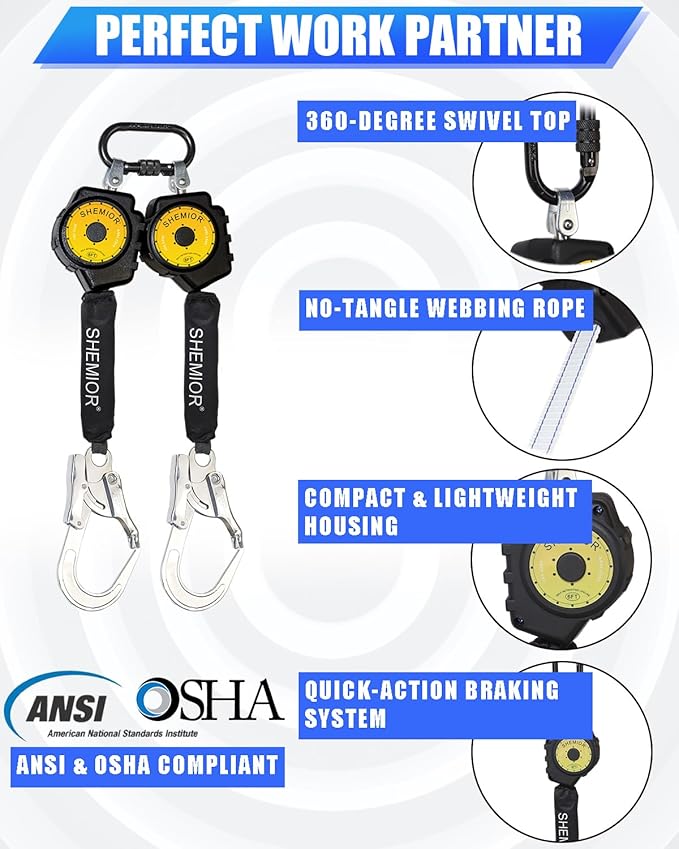 6FT Twin-Leg Self Retracting Lifeline, Swivel Top Lightweight Housing, Web SRL ANSI Self Retractable Safety Lanyard, Fall Arrest Protection Gear for Roofing Construction, Rebar Hook