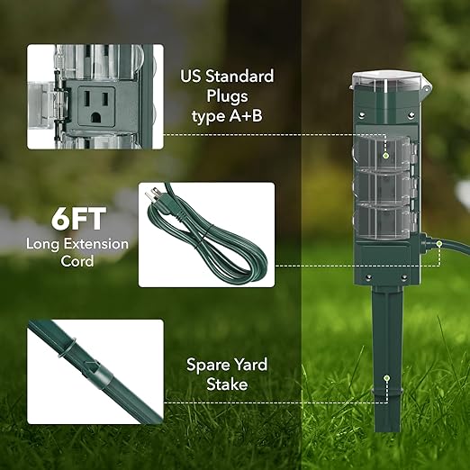HBN Outdoor Power Strip Yard Stake 6ft Extension Cord,Outside Multiple Plug Outlet with 6 Grounded Outlets,Weatherproof Extension Cord for Halloween/Christmas Decoration Lights,ETL Listed