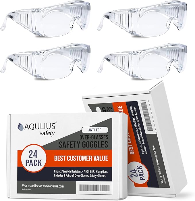 Aqulius OTG Safety Glasses - 24-Pack - Polycarbonate Anti-Fog Bulk Safety Glasses with Side Shields - Protective Eyewear for Eye Protection