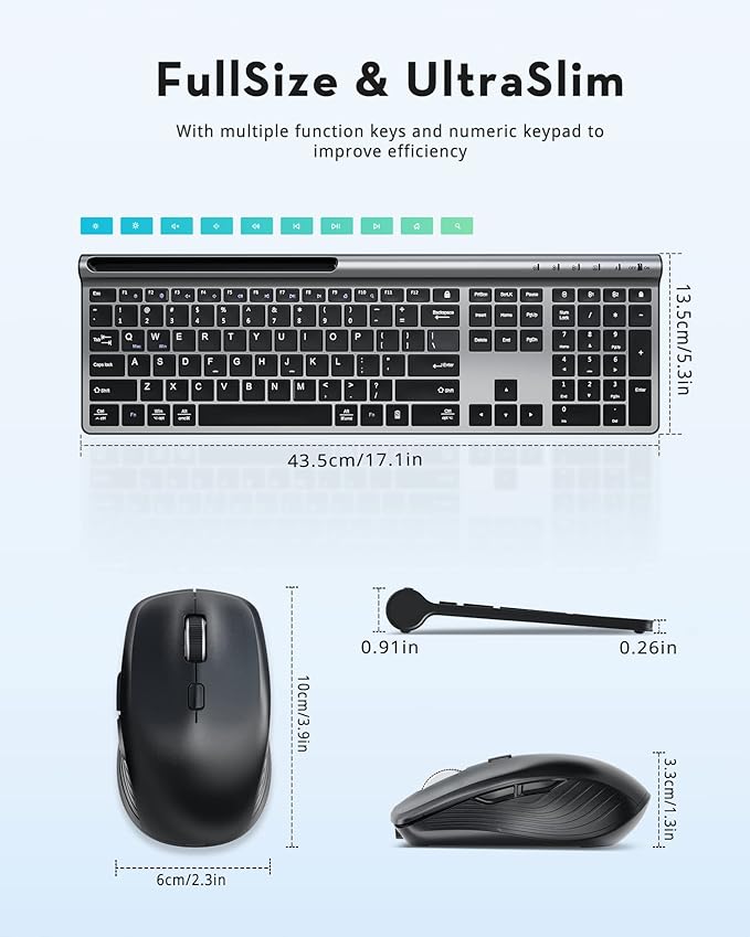 Samsers Wireless Keyboard and Mouse Combo, Ultra Slim Rechargeable Dual-Mode (Bluetooth 5.0x2 +2.4G) Silent Keyboard and Mouse Set, Multi-Device Full-Size Compact Design for MacOS/iOS/Android/Windows