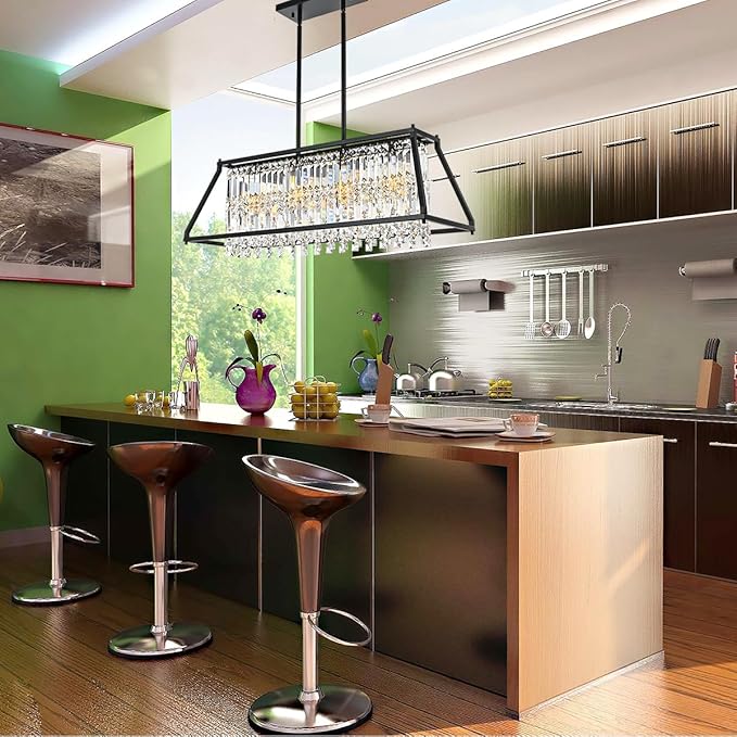 Crystal Chandelier Light for Dining Room, 4-Light Trapezoidal Industrial K9 Crystal Pendant Lights with Black Metal Frame Pendant Lamp for Kitchen Island Living Room Entryway (Black)