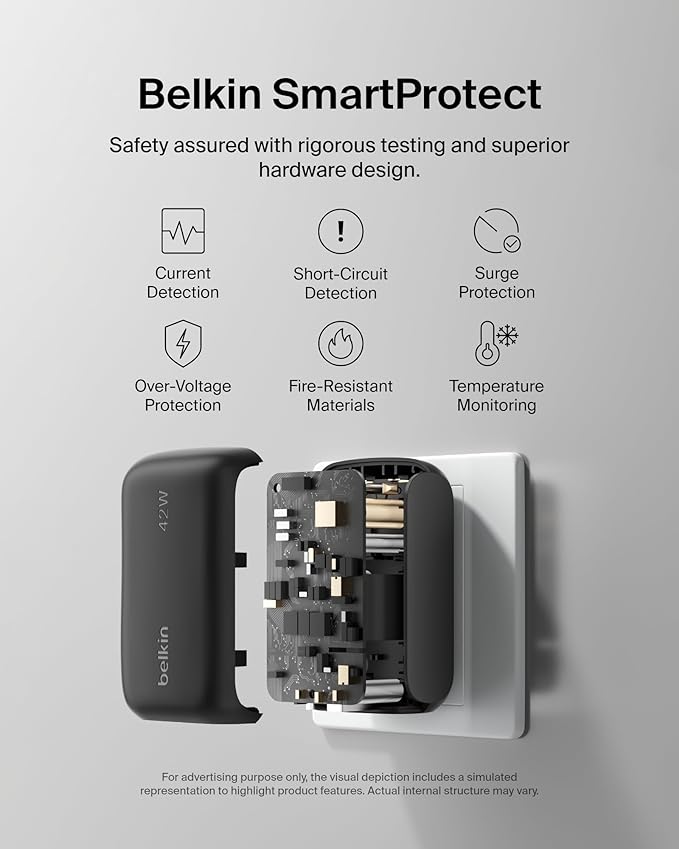 Belkin Dual Port Charger Block 42W, USB-C + USB-A Charger Super Fast Charging - Samsung Galaxy S25, Apple iPhone 16, 15, 14, 13, Pro, Pro Max, iPad, AirPods, Nintendo Switch 2 & More - Black