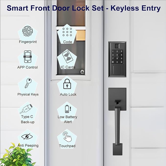 Smart Locks for Front Door with Handle Knob Set, Keyless Entry Door Lock, Fingerprint & App Control, Touchscreen Keypad Deadbolt, Auto Lock, Matte Black