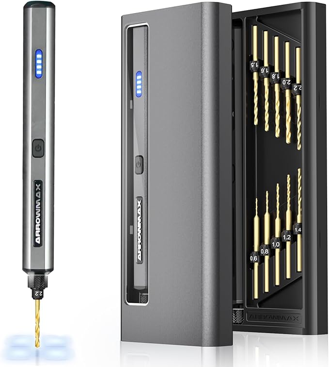 AM ARROWMAX Mini Electric Drill Pen, 13 in 1 with Aluminium case, Rechargeable, 800 RPM, Needle Vise Hand Drill Kit, 10 HSS Bits, DIY, Wood, Jewelry Making (SDS MINI)