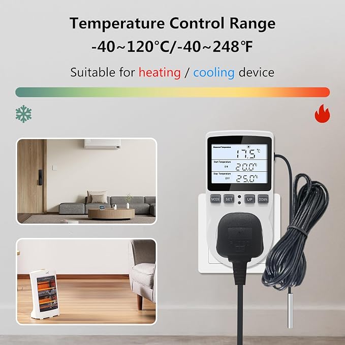 KT3100BL Digital Temperature Controller Outlet Socket VA LCD Display Plug in Thermostat 15A 120V Output with Blue Backlight 3m Temperature Sensor