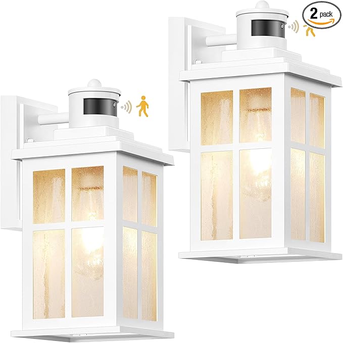 VIANIS White Motion Sensor Outdoor Wall Lights, 2 Packs Front Porch Lights Outdoor Wall Sconce Lantern, Anti-Rust Waterproof Exterior Lighting Fixtures Wall Mount, Dusk to Dawn Outside Garage Lights