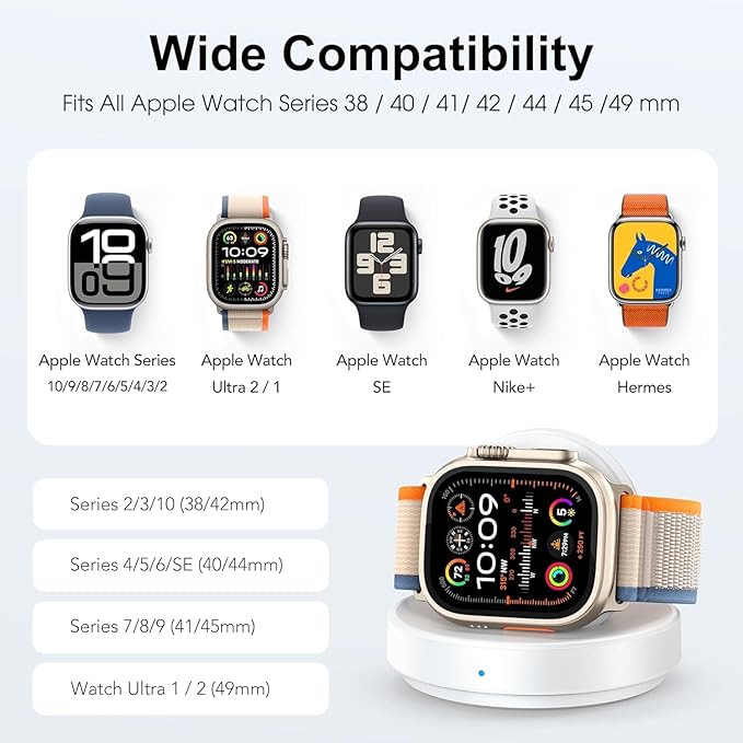 Charging Stand for Apple Watch, Magnetic Wireless Portable Watch Charger Stand with Charging Cord&Adapter Compatible with iWatch Series 10 9 8 7 SE 6 5 4 3 2/Ultra 2, Supports Nightstand Mode-White