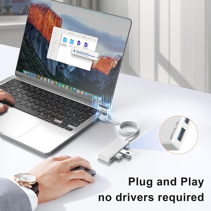 USB Hub, Multiport USB Splitter Adapter, 2 ft Long Cable USB 3.0 Hub, USB Extender for Laptop, PC, iMac, Surface Pro, MacBook, Mac Pro, Flash Drive, XPS, Mouse, HDD【White】