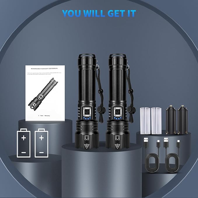 Rechargeable Flashlights High Lumens, 90000 Lumen Super Bright Led Flashlight with 5 Modes & 12H Long Runtime, Powerful Handheld Flash Light for Home Camping, IPX6 Waterproof 2Pack Flashlights