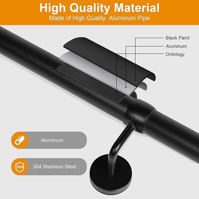 12Ft Industrial Metal Stairs Handrail Kit, Sturdy Wall Mount Aluminum Hand Rail, Indoor Outdoor Stair Railing Wood Concrete Brick Wall,1.5 in Round Pipe Grab Bar, Matte Black-12FT