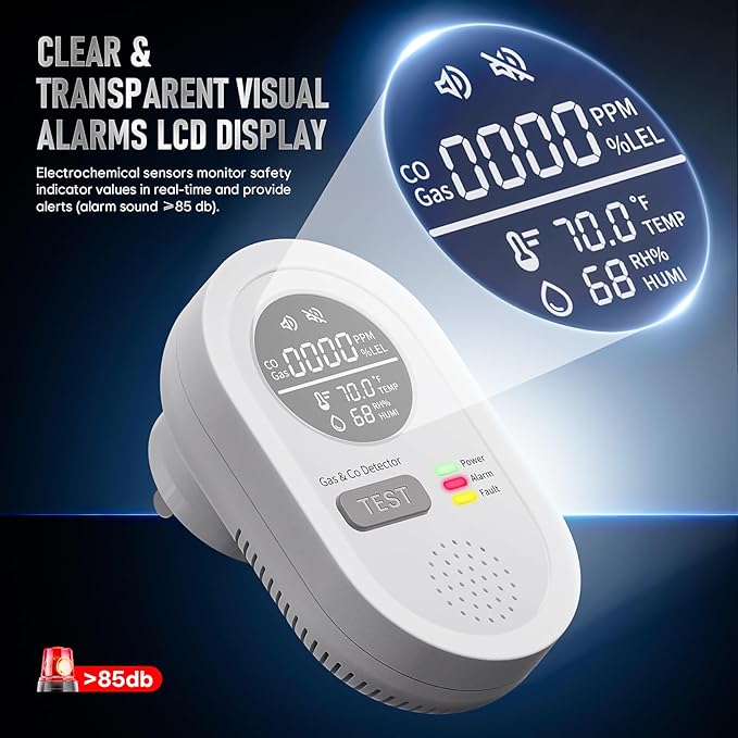 8-in-1 Carbon Monoxide Detectors Plug in & Portable Carbon Monoxide - Travel Carbon Monoxide Detector with Natural Gas/Temp/Humidity with HD Display for Home, RV, Hotel (2)