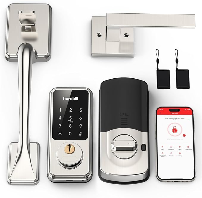 Hornbill Smart Front Door Lock Set, Keyless Entry Door Lock with Handle, Smart Deadbolt Keypad Lock, Alexa Front Door Handle Set, Bluetooth Digital Lock with APP/IC Cards/Auto Lock/1-Touch Lock/Keys