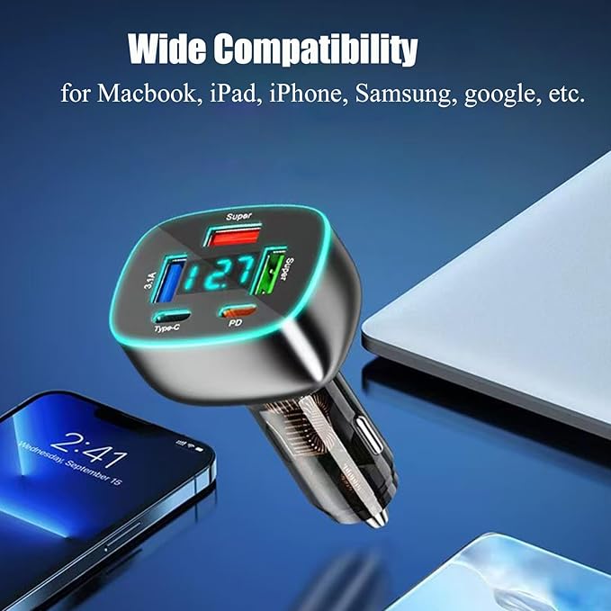 5 Port USB C Car Phone Charger with Voltage Display Dual PD 30W Super Fast for MacBook iPhone 16 15 Pro Max Samsung 100W Max Super for Huawei/Android Phones Cigarette Lighter Adapter with Volt Meter