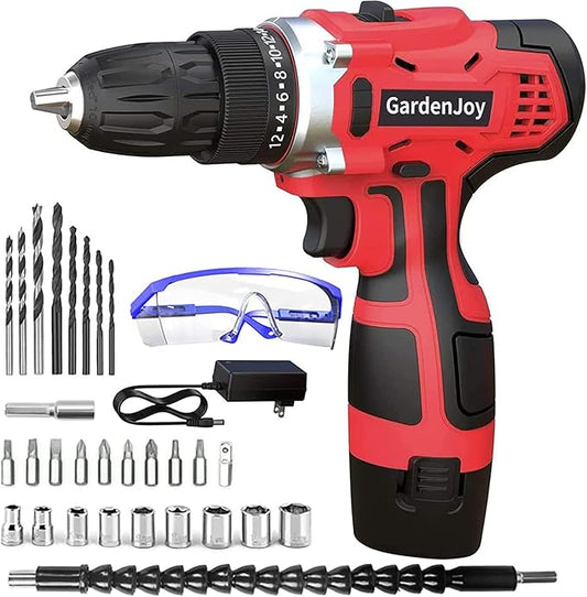 GardenJoy Cordless Power Drill Set: 12V Electric Drill with Battery and Charger,