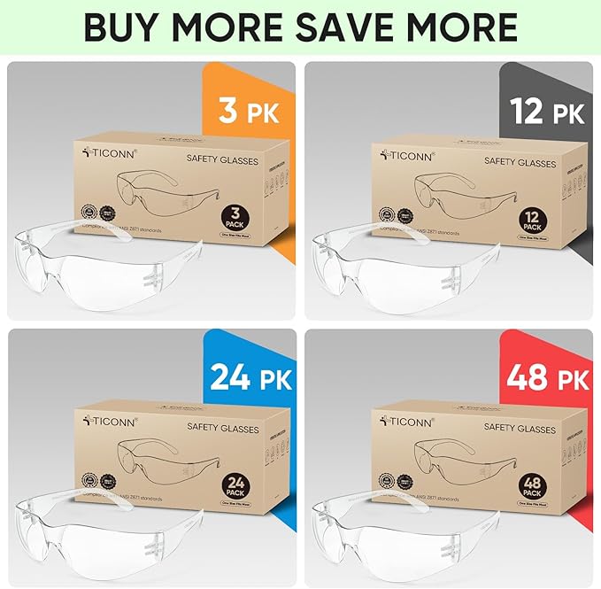 TICONN Clear Safety Glasses for Men, Safety Goggles with Scratch Impact Resistant Meets ANSI Z87.1 Standard