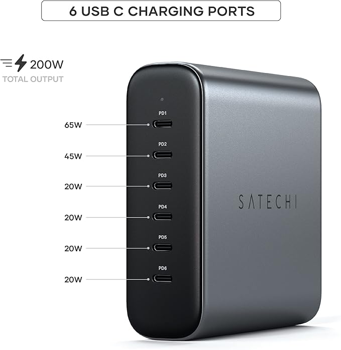 Satechi 200W 6-Port GaN Charging Station, 2 140W USB-C and 4 USB-C, Fast Charging Travel Charger for Multiple Devices, for MacBook Air/Pro M4/M3, iPad Air/Pro M4/M3, iPhone 17/16, Thunderbolt Devices