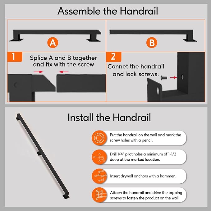 3FT Square Stair Railing Indoor, Black Wall Mount Handrail for Staircase, 440lbs Load Capacity Non-Slip Metal Handrail, Heavy-Duty Carbon Steel Grab Bar for Steps and Porch