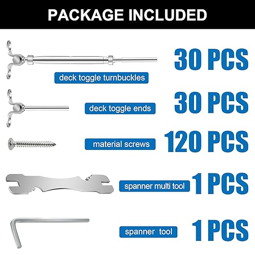 30 Pairs Cable Railing Kit 1/8" Swage Toggle Turnbuckle Hardware T316 Stainless Steel for Wood Post WoodEasy System Angle 180° Adjustable Stairs Deck 30 Cable Lines