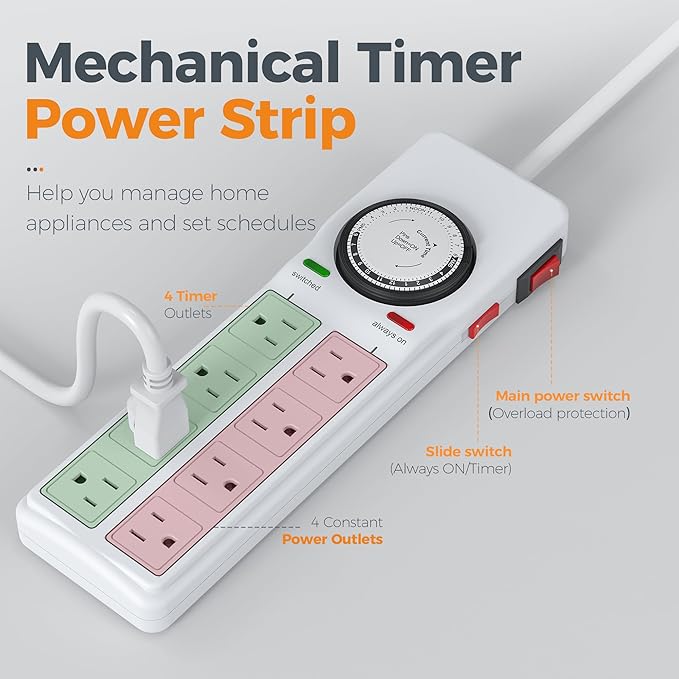 TESSAN 8 Outlets Power Strip with Timer (4 Sockets Timed, The Others Always On), 4 FT Extension Cord with Multiple Outlets, 900J Timer Surge Protector Power Strip with Switch for Plant Aquarium Light