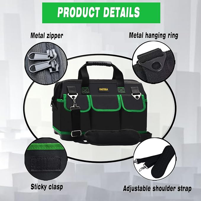 20 Inch Tool Bag, Waterproof Wide Mouth Tool Kit, Heavy Duty Tool Bag Organizer With Shoulder Straps and Molded Base, Tool Storage Package For Screwdrivers, Pliers, Nut Drivers (Green20IN)