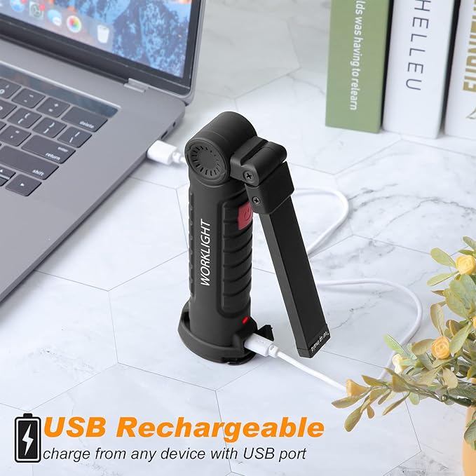 Mudder 6 Pcs Rechargeable LED Work Light with Magnetic Base 360° Rotate 5 Modes Flashlights for Car Repair Outdoor Father's Day Tool Gifts(Black)