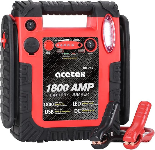 1800 Amp Car Jump Starter Portable Battery Charger, 20000 mAh Emergency Supply Power Pack (Up to 6 L Gas or 6 L Diesel Engine), 12V Auto Lead-Acid Battery Booster with LED Light & USB Ports