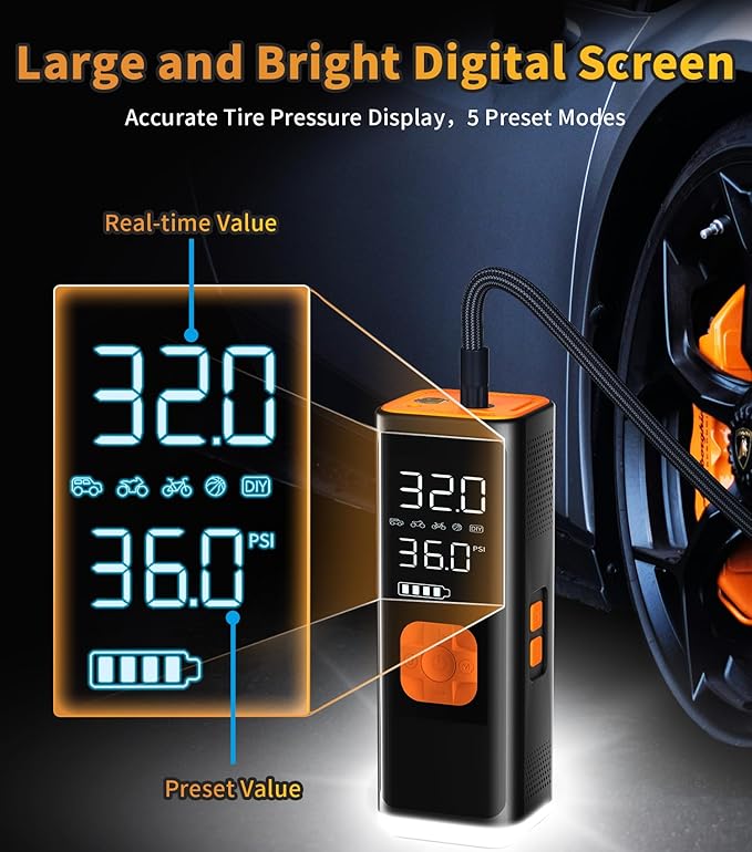 VIL Tire Inflator Portable Air Compressor, 12V DC Air Pump for Car Tires, 150PSI Portable Air Compressor with Pressure Gauge/LED Light, 20000MAH Portable Tire Inflator for Car, SUV,Pickup Truck,Moto