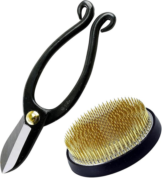 Wazakura Made in Japan Ikebana Tool Kit - Ikenobo Scissors + Brass Kenzan Flower Holder, Japanese Floral Arrangement Set, Florist Shears and Pin Frog Gift Box Set - 3-1/4" (80mm)