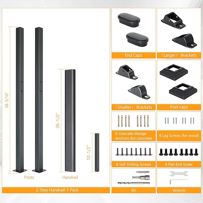 DIYHD 2 Step Handrail for Outdoor,Powder Coated Iron Stair Railing,Black Hand Rails for Indoor, Porch,Deck,1 Pack