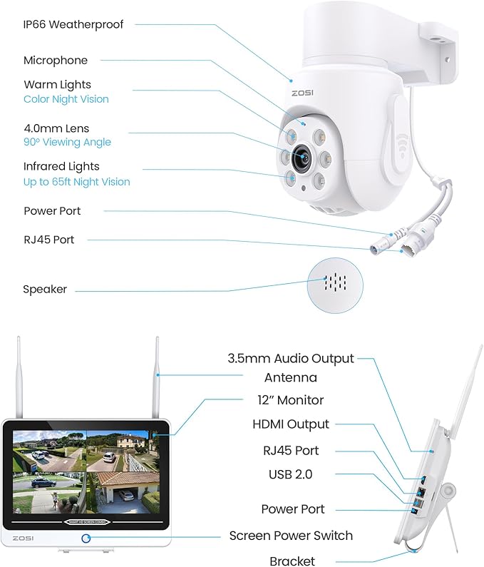 ZOSI 8CH 5MP Wi-Fi 6 Security Camera System with 12" LCD Monitor,4pcs 5mp Pan Tilt Plug-in WiFi Cameras Outdoor Indoor,AI Person Detection,Color Night Vision,2-Way Audio,1TB HDD for 24/7 Recording