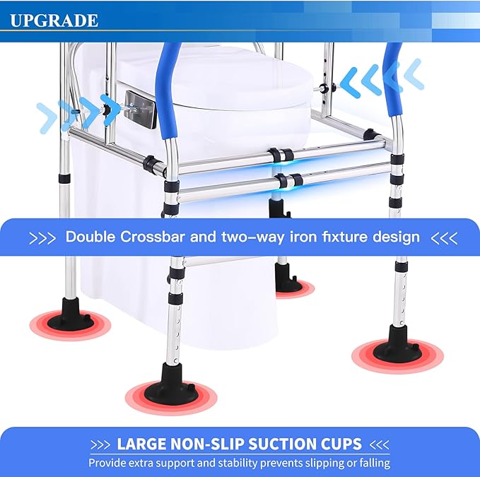 Toilet Safety Rails Frame，Upgrade Heavy Duty Double Crossbar and Suction Cups, Free Standing with Handles for Elderly（330lbs）Handicap & Disabled, Height Width Adjustable, Fit Any Toilet