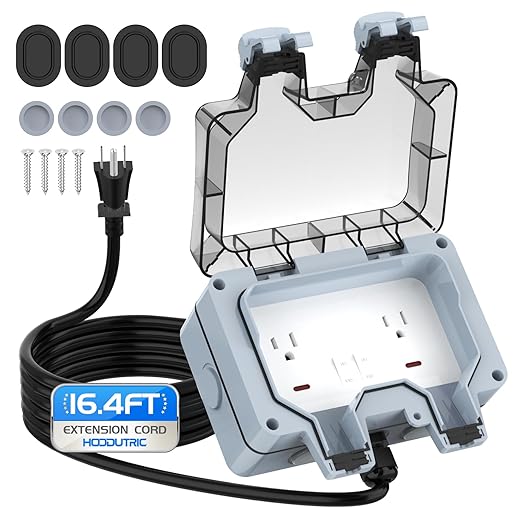 Outdoor Power Outlet Box with 16.4Ft Extension Cord, NEMA 5-15R, IP66 Waterproof Outlet Box 14AWG Wire Double Plug Socket with Lockable Cover & LED Indicator for Garden & Outdoor Use