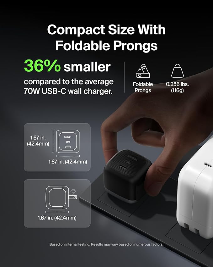 Belkin USB C Charger Block 65W - USB C Cable Included - Super Fast Charging, Type C Wall Charger - Apple iPhone 16/15/14/13, Galaxy S25, Pixel 9, MacBook, iPad, Nintendo Switch 2, & More - Black