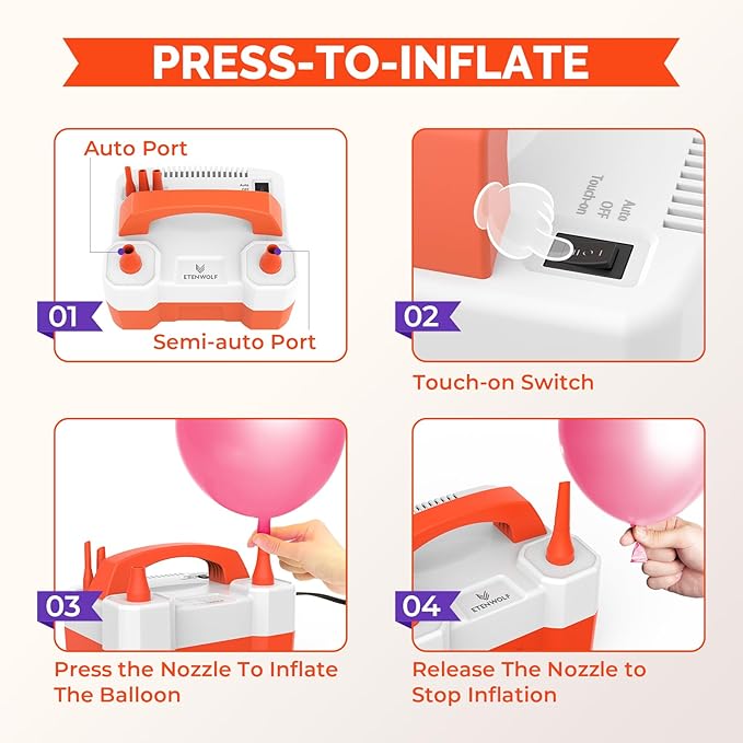ETENWOLF P400 Balloon Pump Electric for Balloons with 2 Nozzles 110V 550W Balloon Blower for Party Metalic Latex Foil Balloons, Balloon Inflator for Birthday Decorations