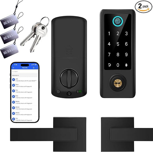 BEBASIA Smart Fingerprint Door Lock with Handle Set, Full App Control, Electronic Digital Touchscreen Keypad, Deadbolt Smart Locks for Front Door, Auto Lock, Black