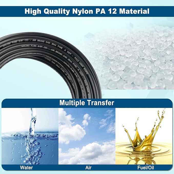 50FT 3/8 DOT Air Line SAE J844 PA12 Nylon Air Hose with Cutter 3/8” OD Pneumatic Tubing DOT Approved 3/8 Air Brake Hose for Air Suspension Kit Truck Trailer Brake System & Fluid Transfer 15.5m