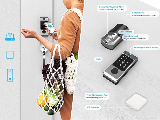 WiFi Front Door Lock Set - Miuedo Keyless Entry with Handle Keypad, Smart Deadbolt, Fingerprint, Auto Lock, Code, Fob, Remote Control - Silver