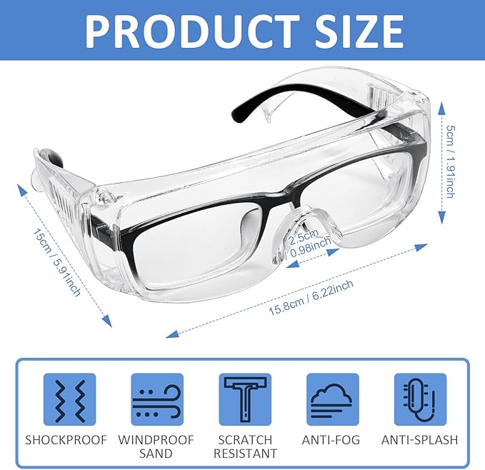 Queekay Safety Glasses over Eyeglasses Anti Dust Impact Scratch Safety Goggles for Men Women Nurses Workers Architect Lab