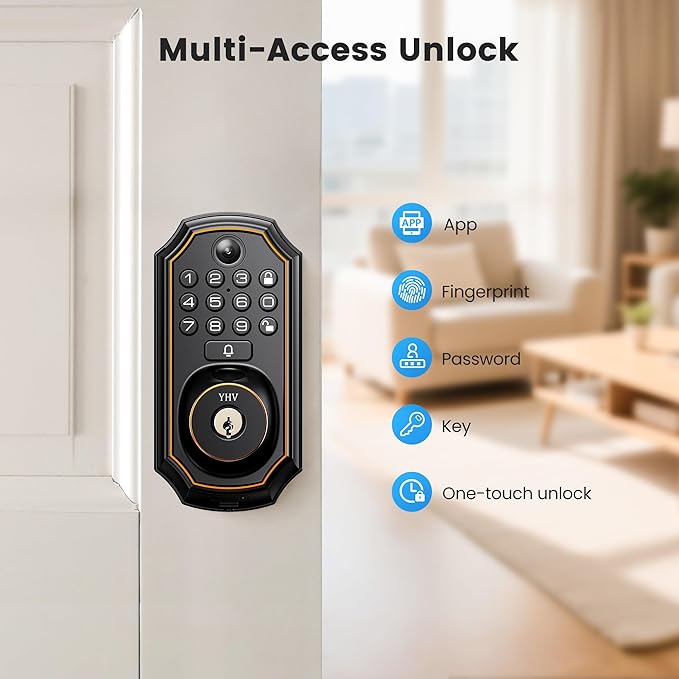 Keyless Entry Door Lock with Camera Electronic Smart Lock Fingerprint Keypad Deadbolt with Code, App Remote Control, Auto Unlock, Wi-Fi Connected, Doorbell for Front Door
