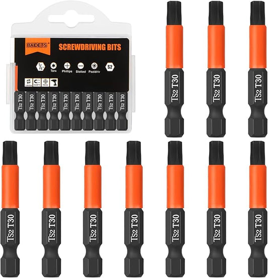 Pro T30 Screwdriver Bit Set - Torx Screwdriver 10 Pieces, 50mm Length, 1/4" Hex Shank Bit Assortment, with Storage Box