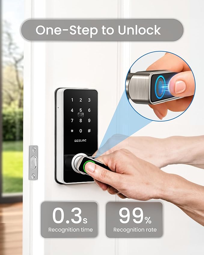 DESLOC B200L Fingerprint Smart Lock with Handle, Keyless Entry Door Locks, App Control, Touchscreen Keypad, 100 PIN Codes, Auto-Lock, 12-Month Battery, Emergency Power Port, IP54 Silver