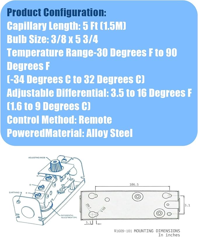 Refrigeration Temperature Bulb Remote Thermostat Controller, Temperature Controller Replace W1609-101 TH-1609, Control from -30 Degrees F to 90 Degrees F, 5 Ft Capillary