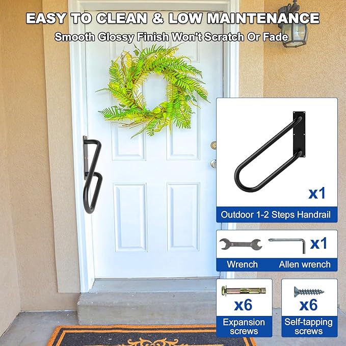 Jamb Mount Handrails for Outdoor Steps-1-2 Step Waterproof Stairs Railing-Powder Coated Side Mount Hand Rails for Indoor Stairs-Non-Slip Staircase Grab Rail for Deck/Porch/Mobile Home/Short Stairway