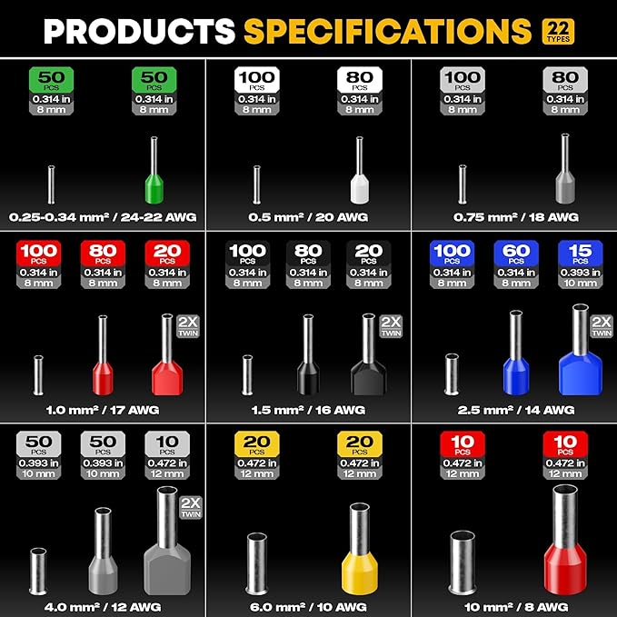 Ferrule Crimping Tool Kit, Ratchet Pliers for 24-10 AWG with 22 Types Insulated, Non-Insulated and Two Wire Ferrules, Wire Ferrules Kit, Hexagon Ferrule Crimper set, Electrician tool