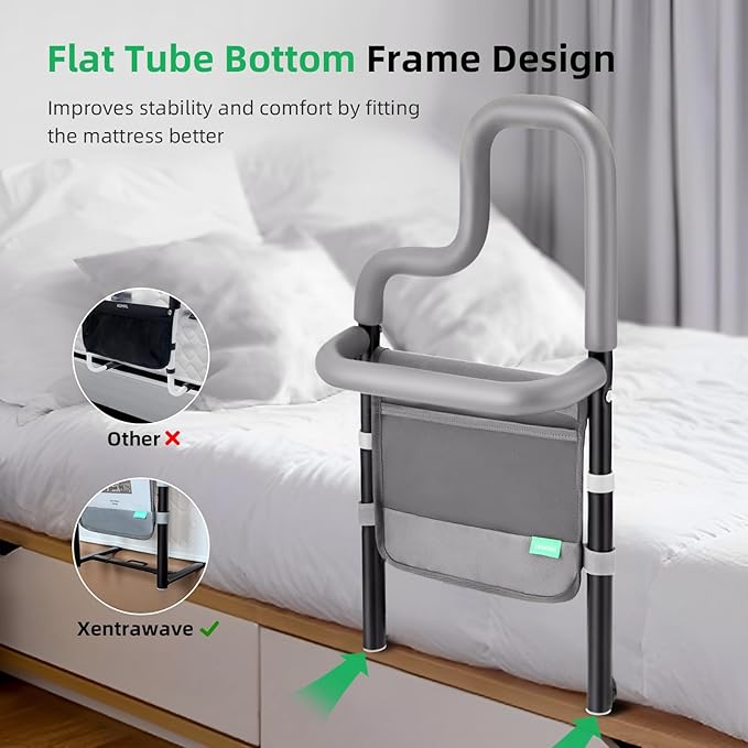 Dual Bar Bed Rail for Elderly Adults Safety with Storage Pocket, Bed Assist Rail for Seniors for Easily Getting in & Out of Bed, Bed Rails Fits King, Queen, Full, Twin Bed - Grey